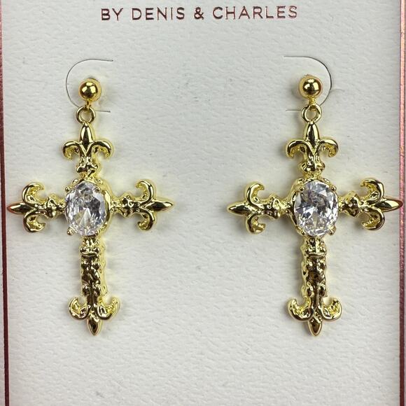 NWT RUSH Gold Cross Rhinestone Earrings - Picture 3 of 6